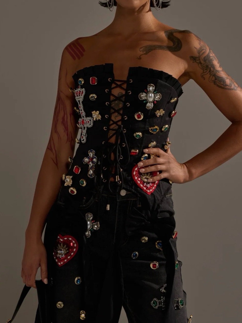 AKIRA Black Strapless Embellished Corset Top with Multicolored Gems .